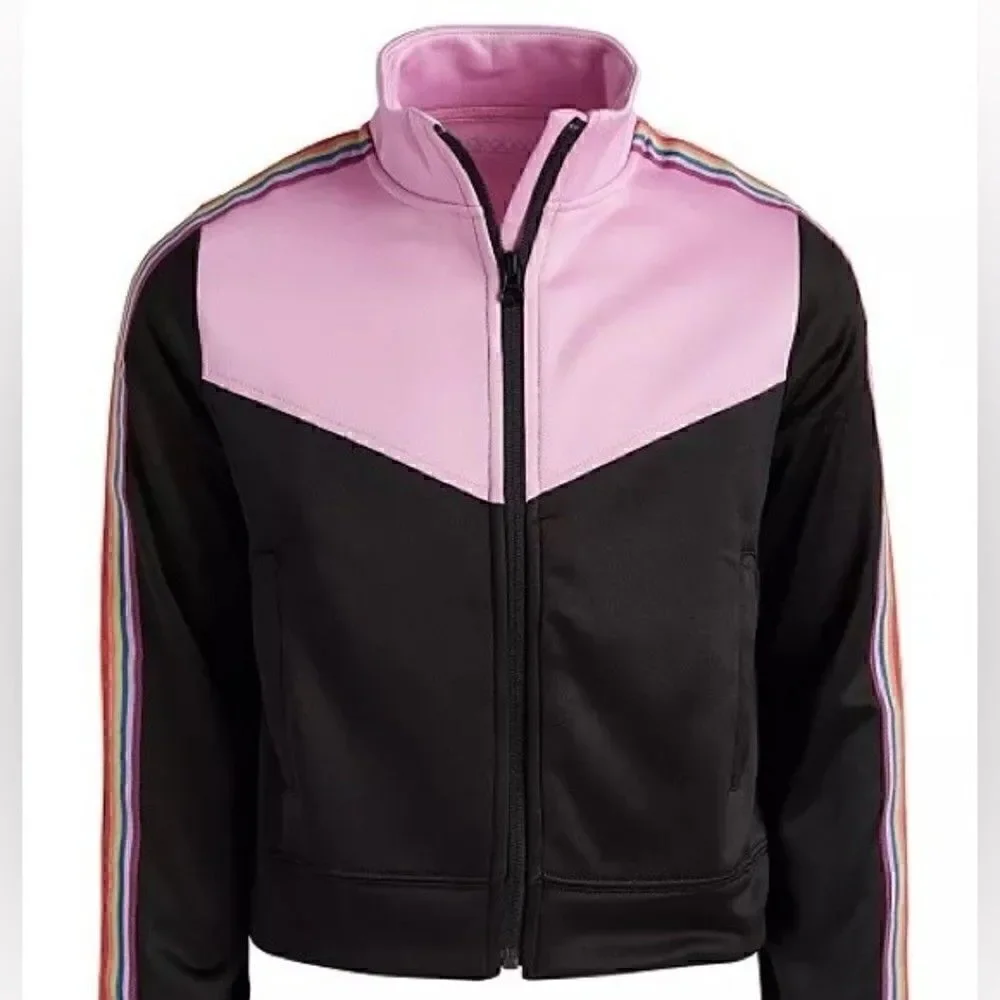 New Ideology Big Girls Rainbow Striped Track Jacket Pink/Black sweater size 14